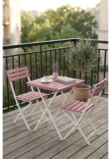 Katlanabilir 3'lü Masa Sandalye Bahçe & Bistro & Kamp & Balkon Takımı - Pembe