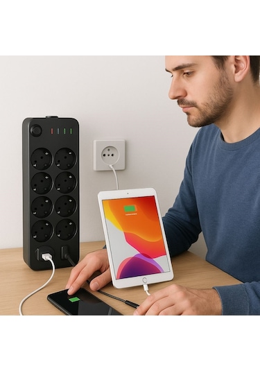 Buffer Akım Korumalı Termal Uzatma Kablosu 10 Priz, 2 Usb Ve 2 Type-c Girişli, Güçlü Çoklu Priz 0
