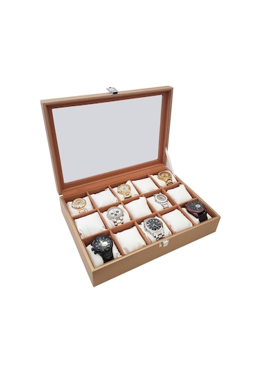 Chavin 15 Li Diamond Gold Deri Ahşap Camlı Saat Kutusu St15-57