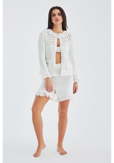 Peraluna Mıyoki Cardıgan & Shorts Mevsimlik Pamuklu Kadın Triko T Kırık Beyaz