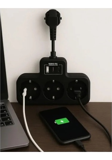 3 Soketli Yüksek Voltaj Korumalı Priz, 2 Type-c Ve 1 Usb Girişi 0