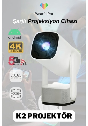 Şarjlı 4k Android Projektör, 5g Wi-fi, Full Hd, Taşınabilir, Beyaz-130125