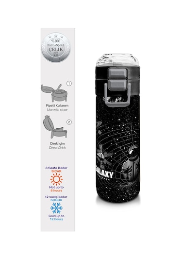 Coral High Kids Siyah Galaxy Desenli Pipetli Ve Direkt İçim Çelik Termos 500 Ml 31857 Siyah