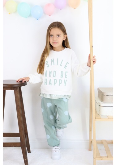 Kız Çocuk Smile And Happy Baskılı Kalın Eşofman Takımı Beyaz