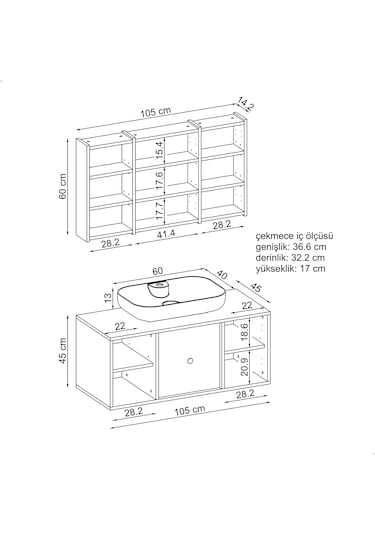 Lavabolu Mat Mdf 105 Cm Çekmeceli Banyo Dolabı + Aynalı Dolap Mat Beyaz
