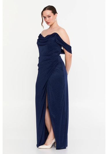 Doridorca Kadın Büyük Beden Düşük Kollu Uzun Abiye Elbise 6149 Lacivert Lacivert