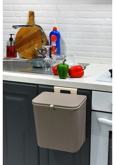 15 Lt Çift Yöne Açılabilen Kapaklı Dolap Askılı - Tezgah Üstü Mutfak Banyo Lavabo Çöp Kovası Latte