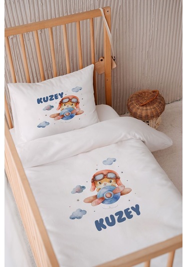 %100 Pamuk Saten Isme Özel Isimli 100x150 Bebek Yatak Nevresim Seti Pilot Tavşan