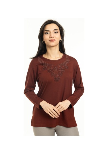 Kadın Orta Yaş Ve Üzeri Yeni Model Yuvarlak Yaka Likralı Anne Penye Bluz 30550-taba