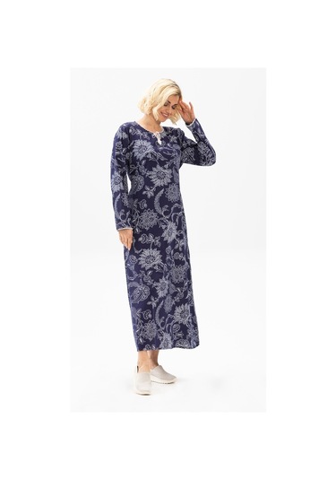 Uzun Kol Şile Bezi Baskılı Uzun Elbise Çınar Desen Mor