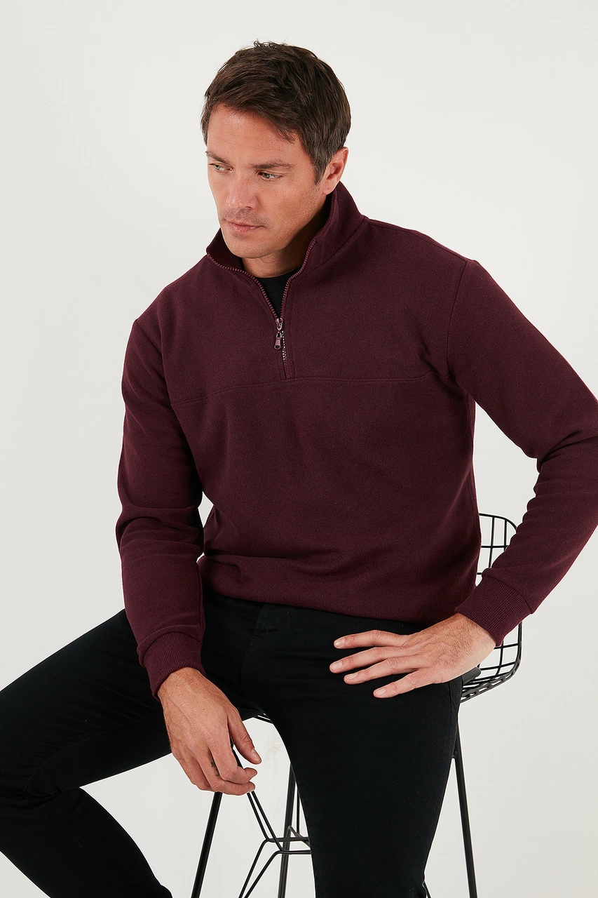 Buratti Pamuklu Regular Fit Yarım Fermuarlı Dik Yaka Erkek Kazak 456112 Mürdüm