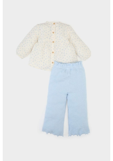 DeFacto Kız Bebek 2'li Takım Çiçekli Müslin Uzun Kollu Bluz Beli Lastikli Geniş Bol Paça Pantolon E5708A525SPER98 Ekru