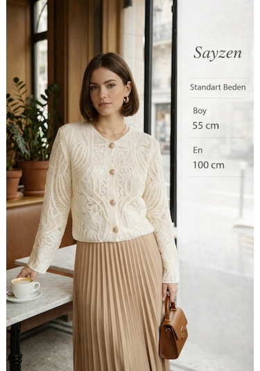 Sayzen Your Shine Dantel Desenli Gold Düğmeli Basic Ceket Shn-2602-tg Beyaz