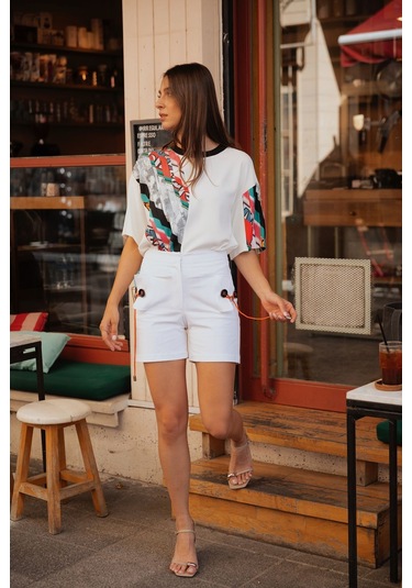 Kadın Asimetrik Desenli Kısa Kollu Bluz Frn1006 Siyah