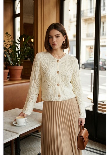 Sayzen Your Shine Dantel Desenli Gold Düğmeli Basic Ceket Shn-2602-tg Beyaz