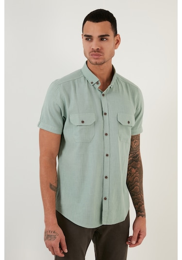 Buratti Düğmeli Yaka Pamuklu Slim Fit Cepli Erkek Gömlek Cf21S111153 Elma Yeşili