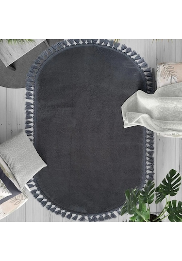 Antrasit Fluffy Düğüm Saçaklı Oval Post Peluş Halı Kaymaz Taban