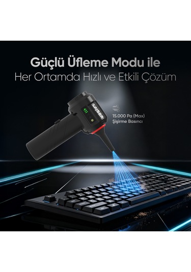 Laiser Mini, Katlanabilir Led Ekranlı 17.000 Pa 3ın1 Çekme-vakum-üfleme Özellikli Şarjlı Araç Süpürgesi Siyah