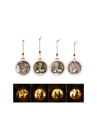 Mufunye Noel Işıklı Ahşap Askı - Geyik, Ev, Ağaç 4 Desenli Led Dekorasyon, Cr2032 Pil Dahil A Stili Haki