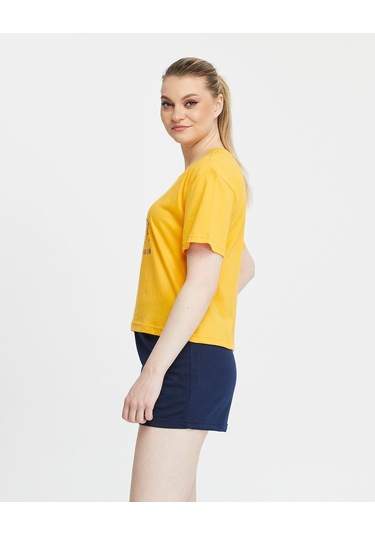 Bella Dossi Pamuklu Kısa Kollu Baskılı Kadın Şortlu Yazlık Pijama Takımı Sarı-lacivert Lacivert - Sarı