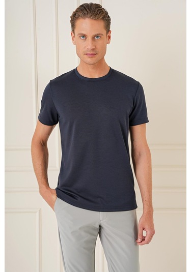 Comfort Fit Bisiklet Yaka Esnek Pamuk Casual Lacivert Tişört Ts 885 Lacivert