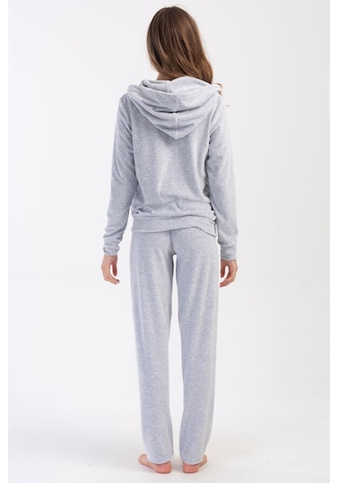 Kadın Kadife Fermuarlı Kapüşonlu Gri Melanj Takım C8t6n2o304 001