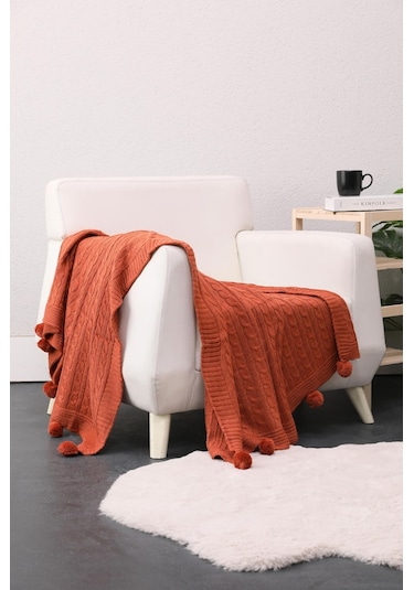 Biocotton Triko Ponponlu Örgü Tv Battaniyesi - Kiremit