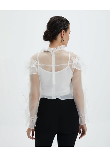 Kadın Volan Detaylı Şifon Bluz Çiçek Yaka Tasarım, Uzun Kollu Ekru