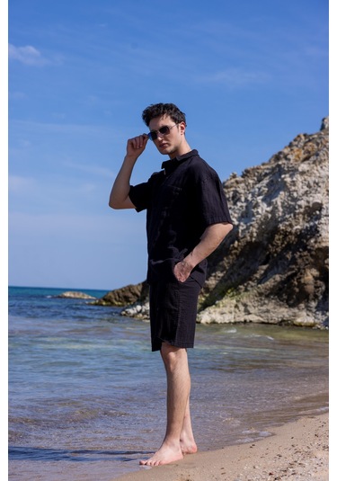 Keten Kumaş Siyah Renk Cep Detaylı Gömlek Şort Erkek Takım-1732 Siyah