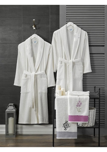 4 Parça Aile Bornoz Seti Kadın Erkek Havlulu Bornoz Takımı Beyaz-beyazgri