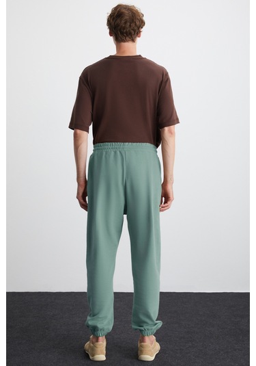 ROWAN Erkek Organik Pamuklu Relaxed Fit İçi Polarlı Süs etiketli Jogger Yeşil Eşofman Altı