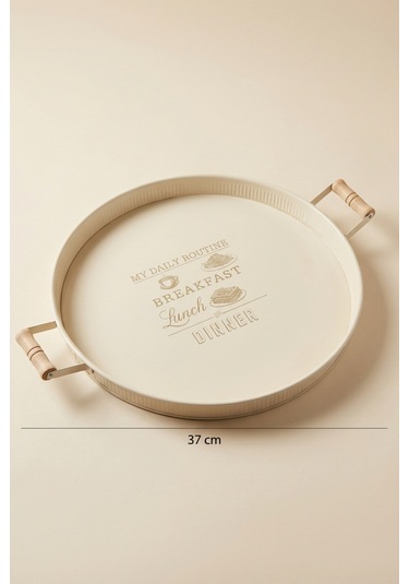 Ahşap Kulplu Yuvarlak Metal Servis Tepsisi 37 Cm Krem