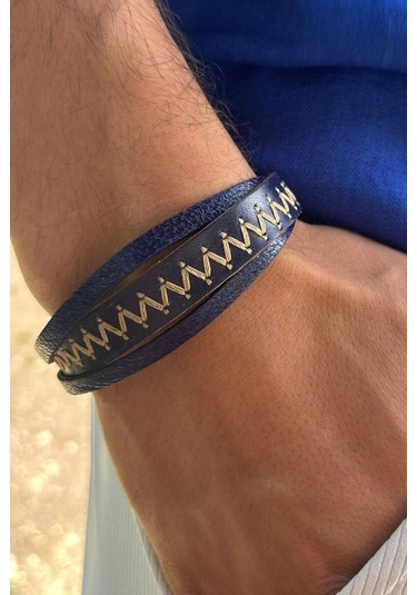 Dikiş Desenli Lacivert El İşçiliği İle Üretilmiş Hakiki Deri Erkek Bileklik Lacivert