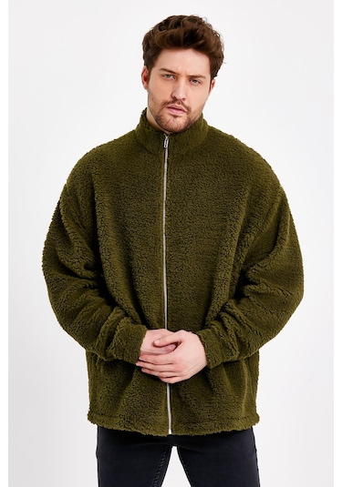 JAHR MARC Fermuarlı Oversize Yeşil Peluş Ceket - M Yeşil