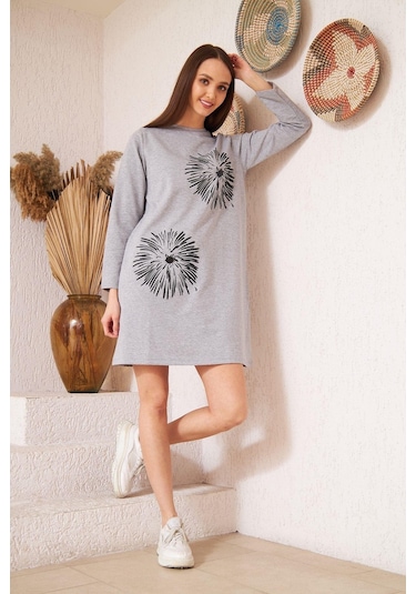 Darlin Moda Gri Melanj Baskılı Düğme Detaylı Tunik DM60346 Gri