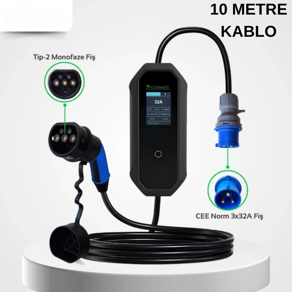 Coswatt 7.4 KW 32A Tip-2 3X32A 10 M Elektrikli Araç Taşınabilir Şarj İstasyonu