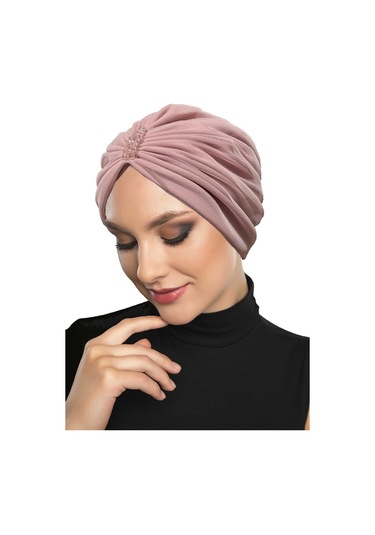 Dizayn Tüllü Kristal Taş İşlemeli Çift Taraflı Astarlı Pudra Hazır Türban Tesettür Abiye Bone Pudra