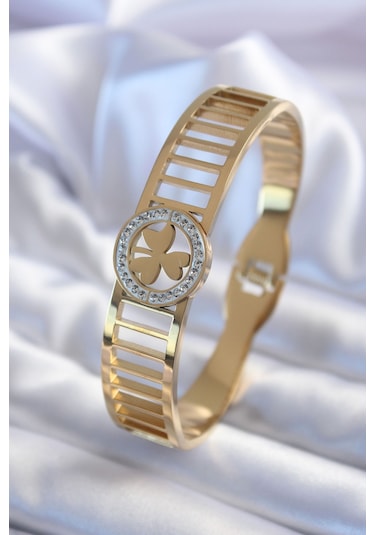 Ezoconcept 316l Çelik Gold Renk Zirkon Taşlı Yonca Model Kadın Kelepçe Çok Renkli