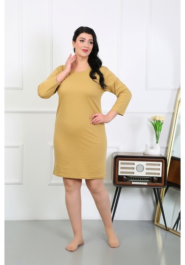 Akbeniz Kadın Büyük Beden Penye Gecelik Ev Elbisesi Hardal 12506 Hardal