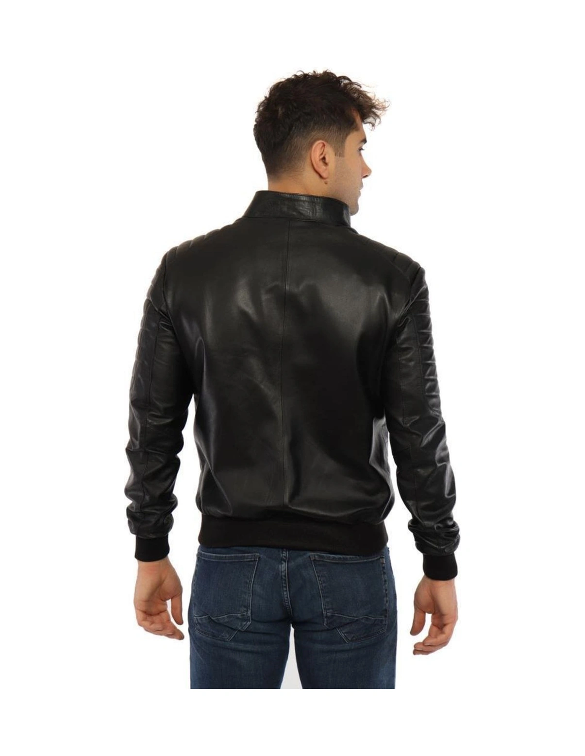 Hakiki Deri Siyah Sergio Fermuarlı Erkek Deri Ceket Siyah