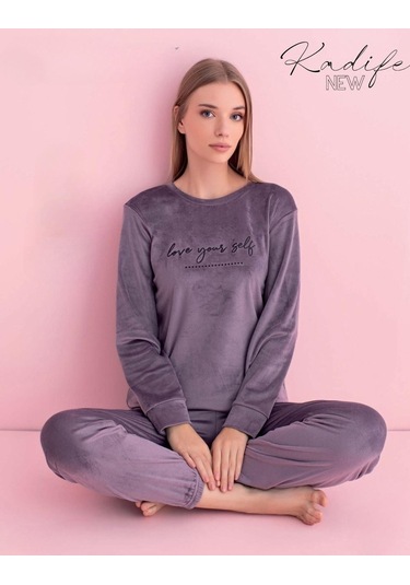 Pijamerry Kadın Kışlık Bisiklet Yaka Kadife Pijama Takımı 3034m - 1 Adet Açık Mor