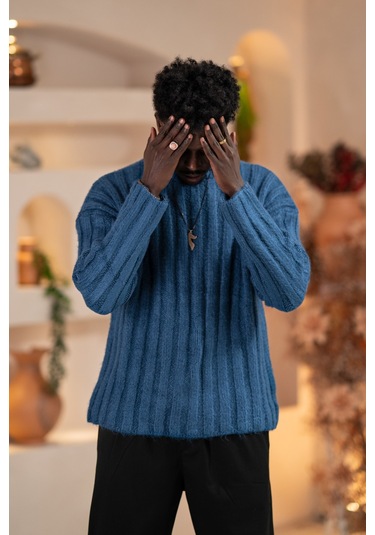 Oversize Kendinden Çizgili Pamuklu Kalın Triko Spor Kazak Indigo