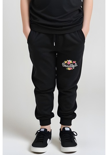 Beautiful Baskılı Kız Çocuk Tişört Ve Eşofman Alt-üst Takım Siyah