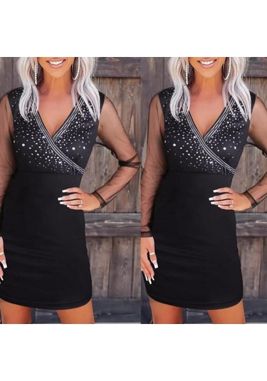 Kadın Uzun Kollu Kruvaze Yaka Üst Kısım Taşlı Detay Krep Mini Boy Elbise Siyah