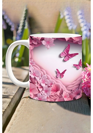 3d Görünümlü Pembe Çiçek Ve Kelebekler No:22 3d Tasarım Baskılı Kupa Bardak Mug Antik Bakır