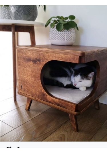 Dekoratif Ahşap Kedi Evi Ve Yan Sehpa