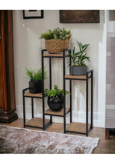 METAL AHŞAP 6 RAFLI SAKSI STANDI KATLI DİKEY SAKSILIK ÇİÇEKLİK