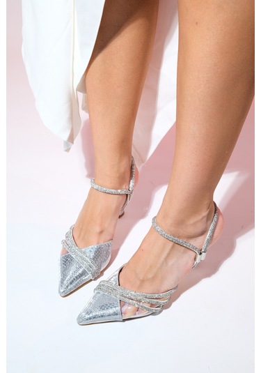 Luvishoes Lavıe Gümüş Desenli Şerit Taşlı Kadın Abiye Ayakkabı