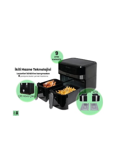Wiami Airfryer KDF-5599DT 9L Dual Basket Yağsız Fritöz