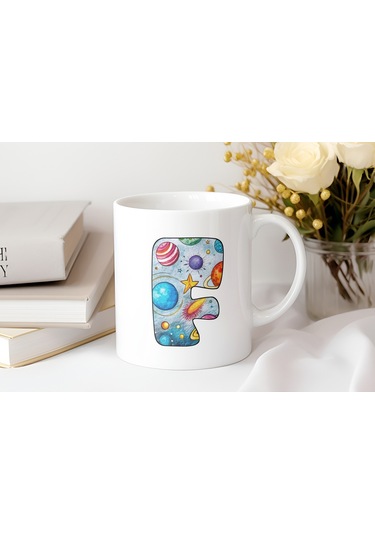 F Baş Harf Gezegen Desenli Kupa Bardak - Kişiye Özel Evren Temalı Kahve Çay Kupası - Gökyüzü Beyaz